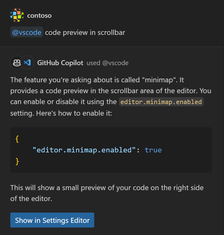 Chat view with answer to "hide editor overview"
